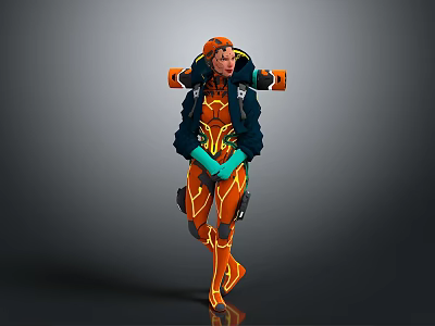 Futuristic Sci Fi Character In Orange Neon Outfit With Black Accents And Green Gloves 3d model
