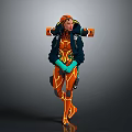 Futuristic Sci Fi Character In Orange Neon Outfit With Black Accents And Green Gloves