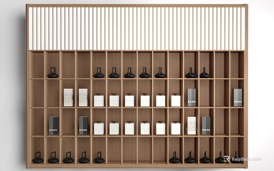 Wooden Display Shelf With Multiple Compartments For Small Black Items And White Boxes 3d model 