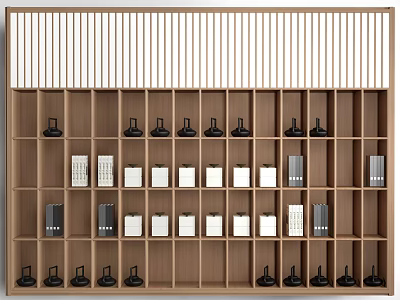 Wooden Display Shelf With Multiple Compartments For Small Black Items And White Boxes 3d model