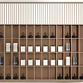 Wooden Display Shelf With Multiple Compartments For Small Black Items And White Boxes