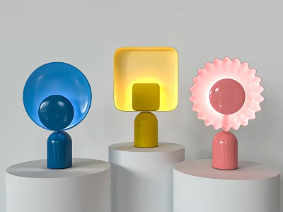 Colorful Blue Yellow Pink Table Lamps with Round Square Petal Shades and White Cylindrical Stands 3d model