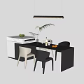 Modern Dining Table Set With Black White Chairs Fruits Wine Bottle And Hanging Light