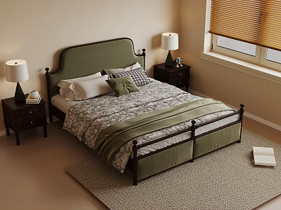 Cozy Bedroom Interior With Green Headboard Nightstands Table Lamps Blinds And Rug 3d model