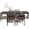 Modern Dark Dining Table Set With Rectangular Table Six Chairs And Potted Plant 3d model