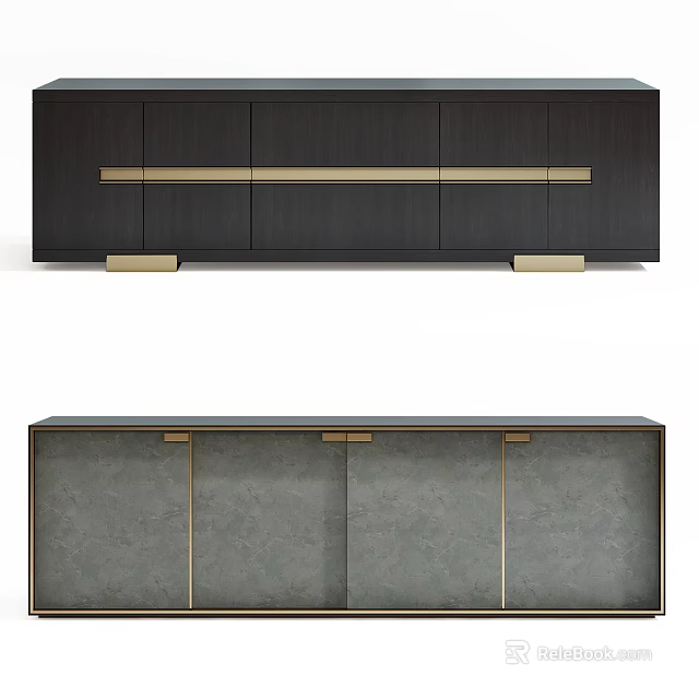 Modern TV Stand With Dark And Gray Panels And Gold Accent Handles 3d model 