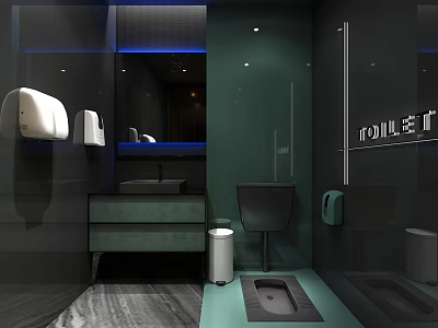 Modern Public Toilet Interior With Wash Basin Toilet Stalls Paper Dispenser And Blue Lighting 3d model