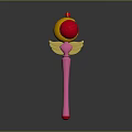 Pink Magical Weapon With Long Handle Yellow Wings And Red Gem