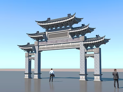 Ancient Chinese Archway with Tiered Roofs Overhanging Eaves Gray Stone and People in Formal Attire 3d model