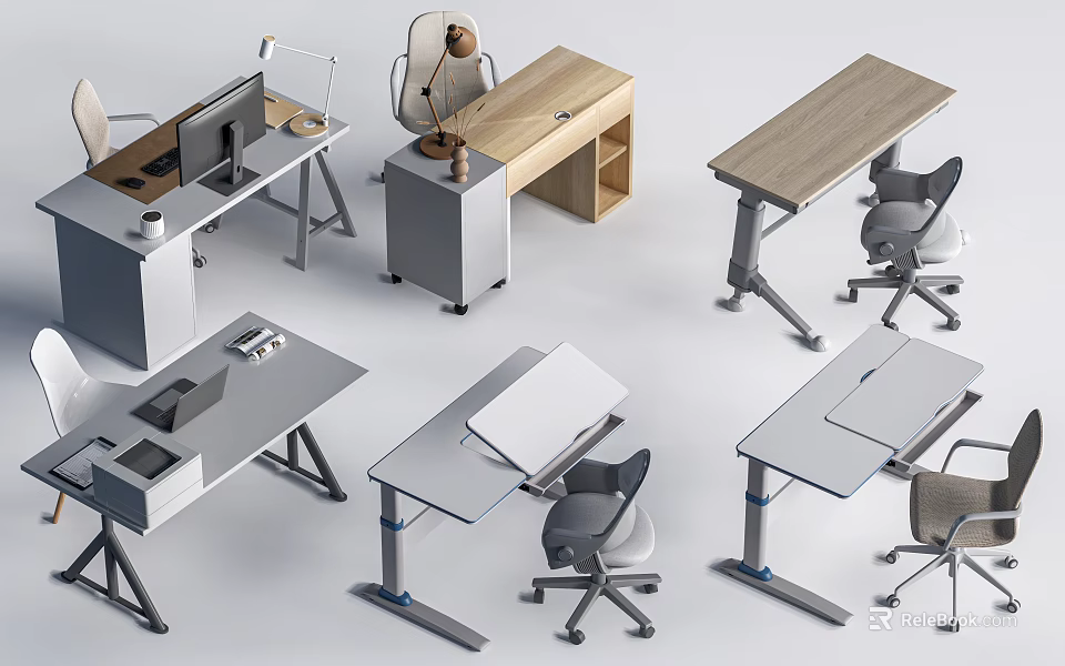 Modern Desk Designs With Adjustable Heights Ergonomic Chairs And Storage Features 3d model 