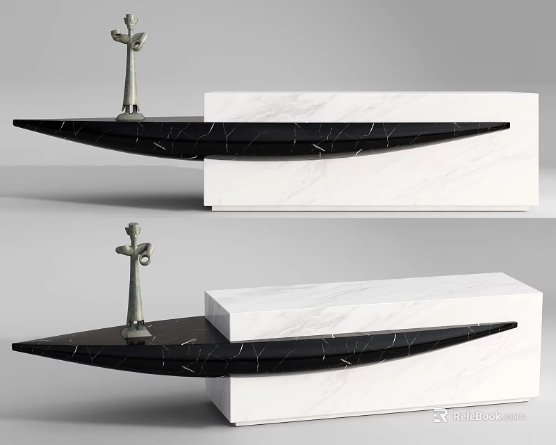 Modern Reception Desk Featuring Black Countertop And White Base With Metal Decorative Design 3d model 