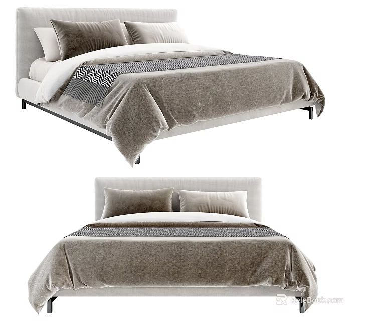 Modern Double Bed With Plush Mattress Soft Pillows And Gray Bedding 3d model