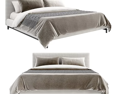 Modern Double Bed With Plush Mattress Soft Pillows And Gray Bedding 3d model