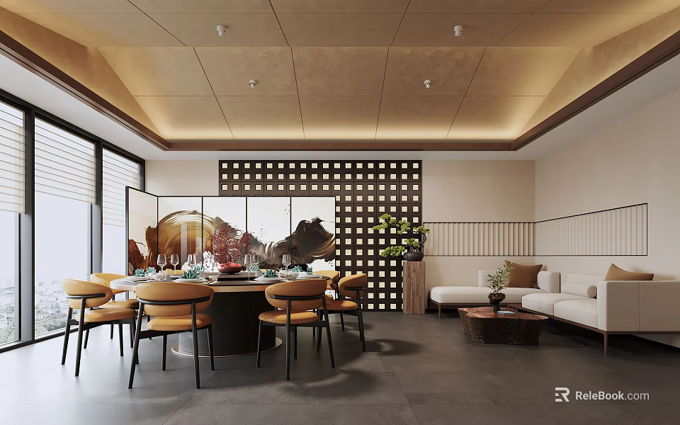 Private Room Interior With Round Table Chairs Sofa And Decorations 3d model