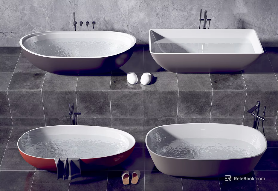 White And Red Freestanding Bathtubs With Modern Faucets On Gray Tile Bathroom Floor 3d model 