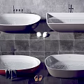 White And Red Freestanding Bathtubs With Modern Faucets On Gray Tile Bathroom Floor