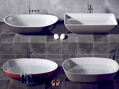 White And Red Freestanding Bathtubs With Modern Faucets On Gray Tile Bathroom Floor 3d model