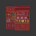 Red Retail Display Shelf With Multiple Layers And Canned Goods Stacked Boxes