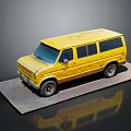 Yellow Classic Vintage Van Parked On Platform With Reflection In Dark Background