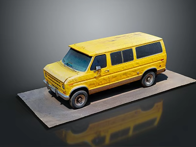 Yellow Classic Vintage Van Parked On Platform With Reflection In Dark Background 3d model