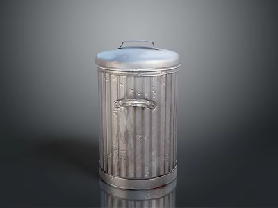 Silver Metal Trash Can With Stripped Design Lid And Decorative Emblem 3d model