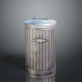 Silver Metal Trash Can With Stripped Design Lid And Decorative Emblem