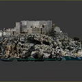 Cartoon Scene Of Castle On Cliff With Colorful Buildings Red Roofs And Blue Water