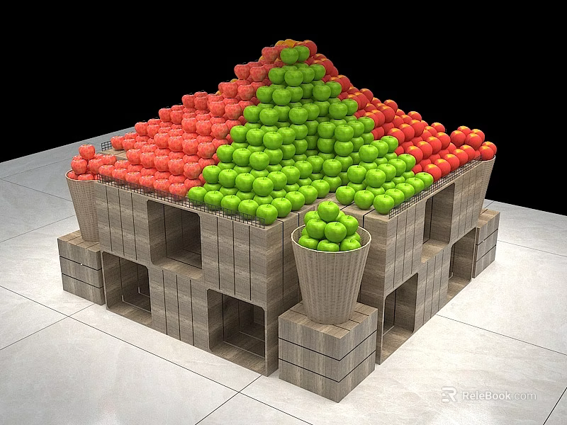 Colorful Fruit Pyramid Display Constructed With Wooden Crates Green Red Apples And Fresh Basket 3d model 
