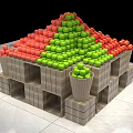 Colorful Fruit Pyramid Display Constructed With Wooden Crates Green Red Apples And Fresh Basket