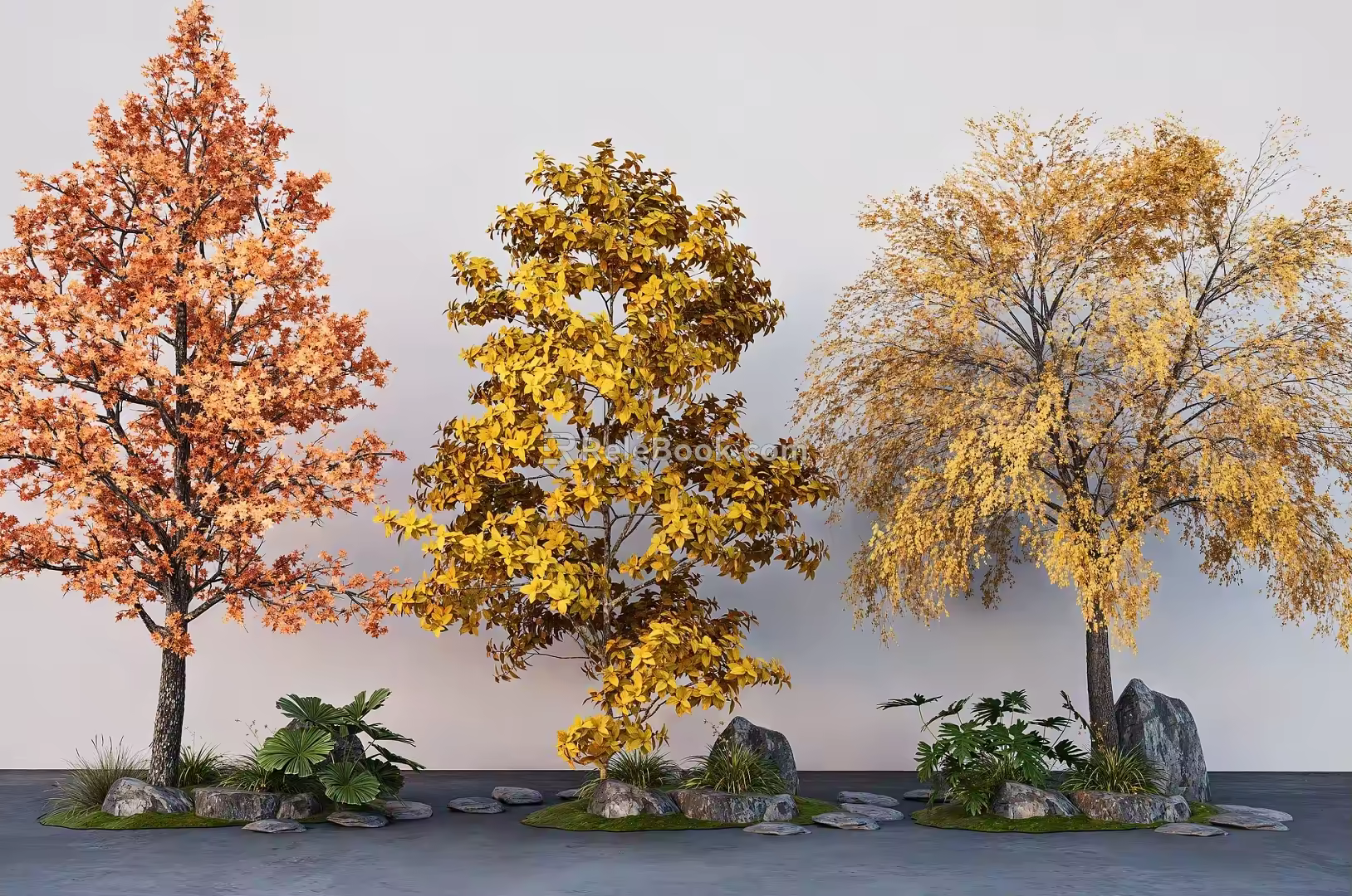 arbor ginkgo tree autumn landscape tree maple stone micro terrain 3d model