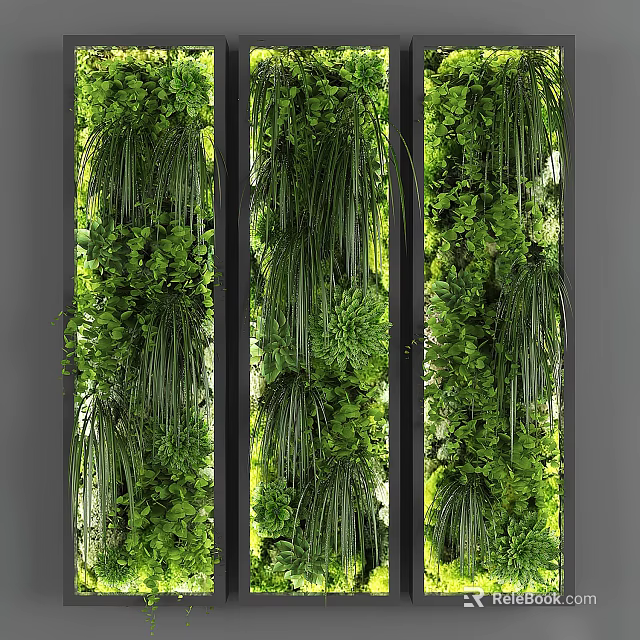 Vertical Green Plant Wall with Lush Foliage and Black Frame Dividers for Modern Interior Decor 3d model 