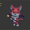 Cute Cartoon Red Horned Winged Cat Creature With Striped Tail Holding Staff With Yellow Ball