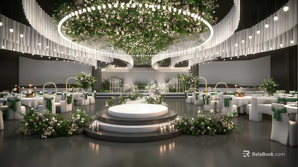 Elegant Round Wedding Stage With Circular Hanging Floral Arrangement And White Chairs 3d model 