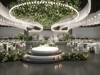 Elegant Round Wedding Stage With Circular Hanging Floral Arrangement And White Chairs 3d model