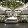 Elegant Round Wedding Stage With Circular Hanging Floral Arrangement And White Chairs