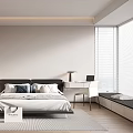 Modern Minimalist Bedroom Interior With Wooden Floor Large Window Desk Wardrobe And Rug