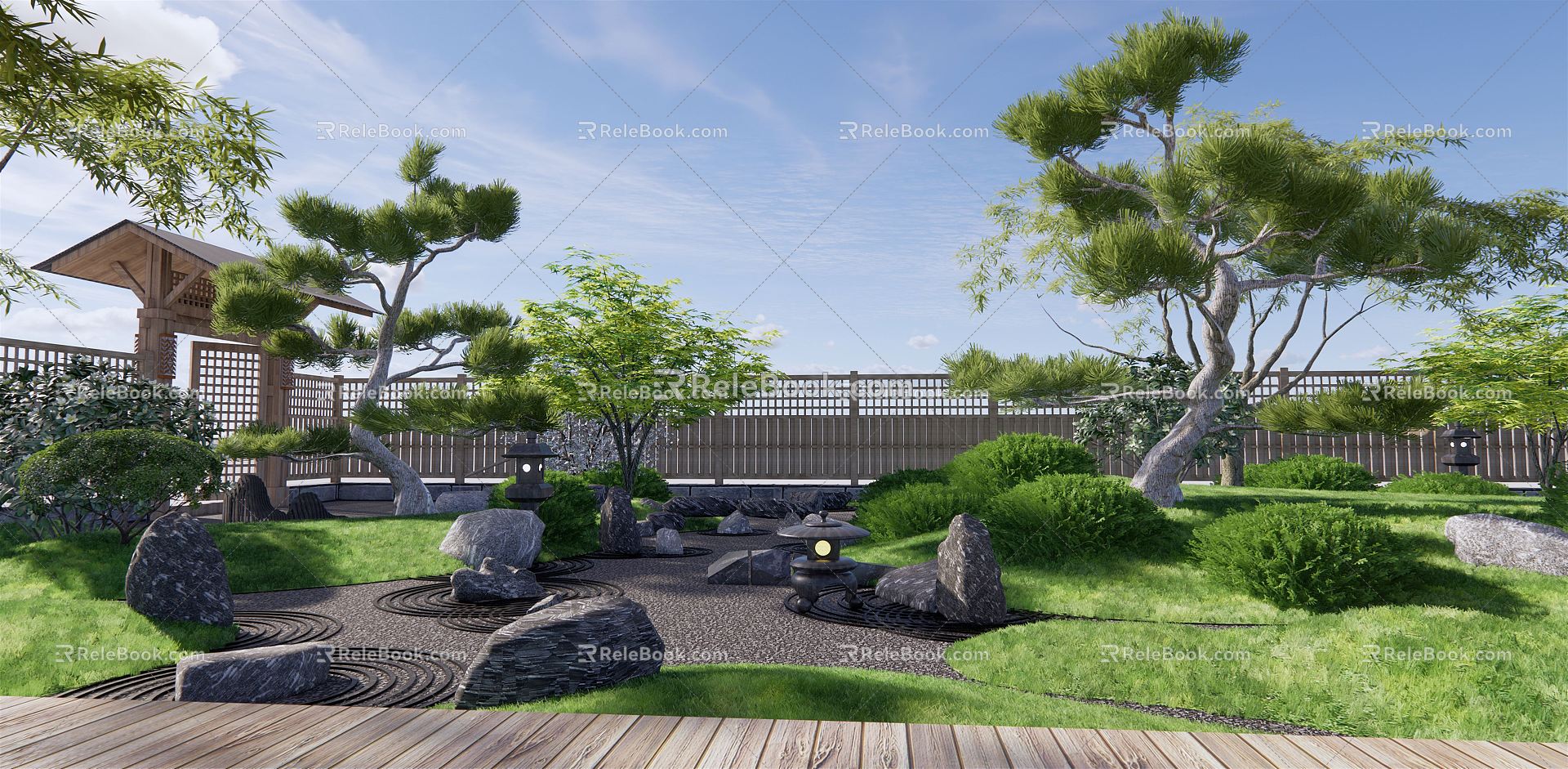 Japanese-style courtyard Zen courtyard garden dry landscape courtyard sketch stone landscape stone landscape tree pine tree model