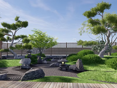 Karesansui Garden Design With Stones Gravel Pine Trees Mossy Plants And Wooden Deck 3d model