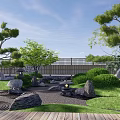 Karesansui Garden Design With Stones Gravel Pine Trees Mossy Plants And Wooden Deck