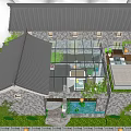 Serene Garden Landscape Featuring Stone Walls Wooden Corridor Bamboo and Water Pond