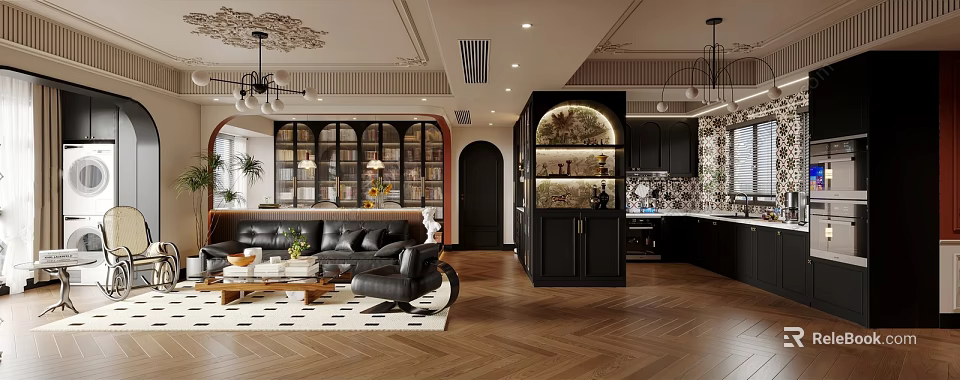 Modern Living Dining Room With Black Leather Sofa Herringbone Wooden Floor Display Cabinets And Chandeliers 3d model 