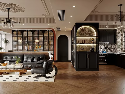 Modern Living Dining Room With Black Leather Sofa Herringbone Wooden Floor Display Cabinets And Chandeliers 3d model
