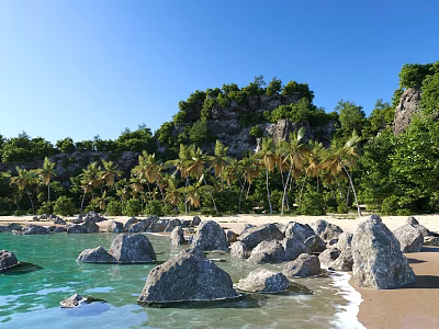 Scenic Coastal Landscape With Blue Sky Green Vegetation Palm Trees Rocks And Sandy Beach 3d model