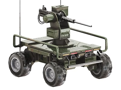 Green Remote Controlled Weapon Platform With Mounted Machine Gun And Four Wheels 3d model