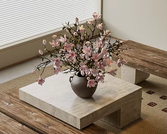 Peach Blossom Vase Ornaments Vase Flower Ornaments Ceramic Vase Square Marble Coffee Table 3d model