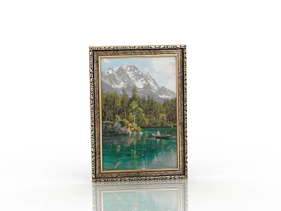 Decorative Ornament Set With Golden Framed Mountain Lake Landscape Painting 3d model