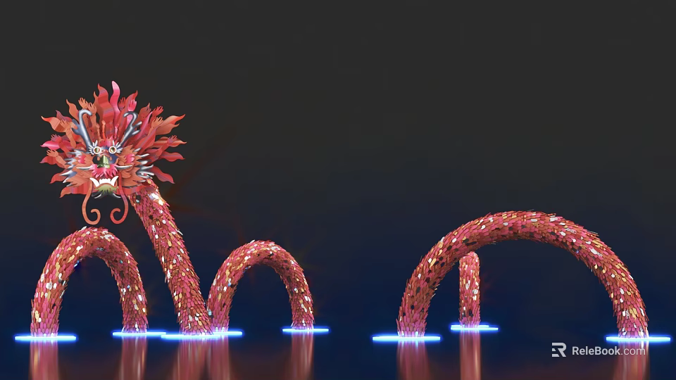 Red Dragon Shaped Art Installation with Curved Body and Illuminated Base against Dark Background 3d model 