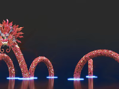 Red Dragon Shaped Art Installation with Curved Body and Illuminated Base against Dark Background 3d model