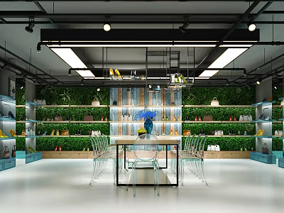 Modern Shoe Store Interior With Green Plant Wall Shelves And Display Table Chairs 3d model
