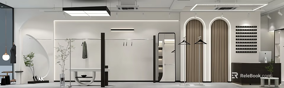 Clothing Store Interior With Minimalist Design Modern Lighting Clothing Racks And Full Length Mirror 3d model 